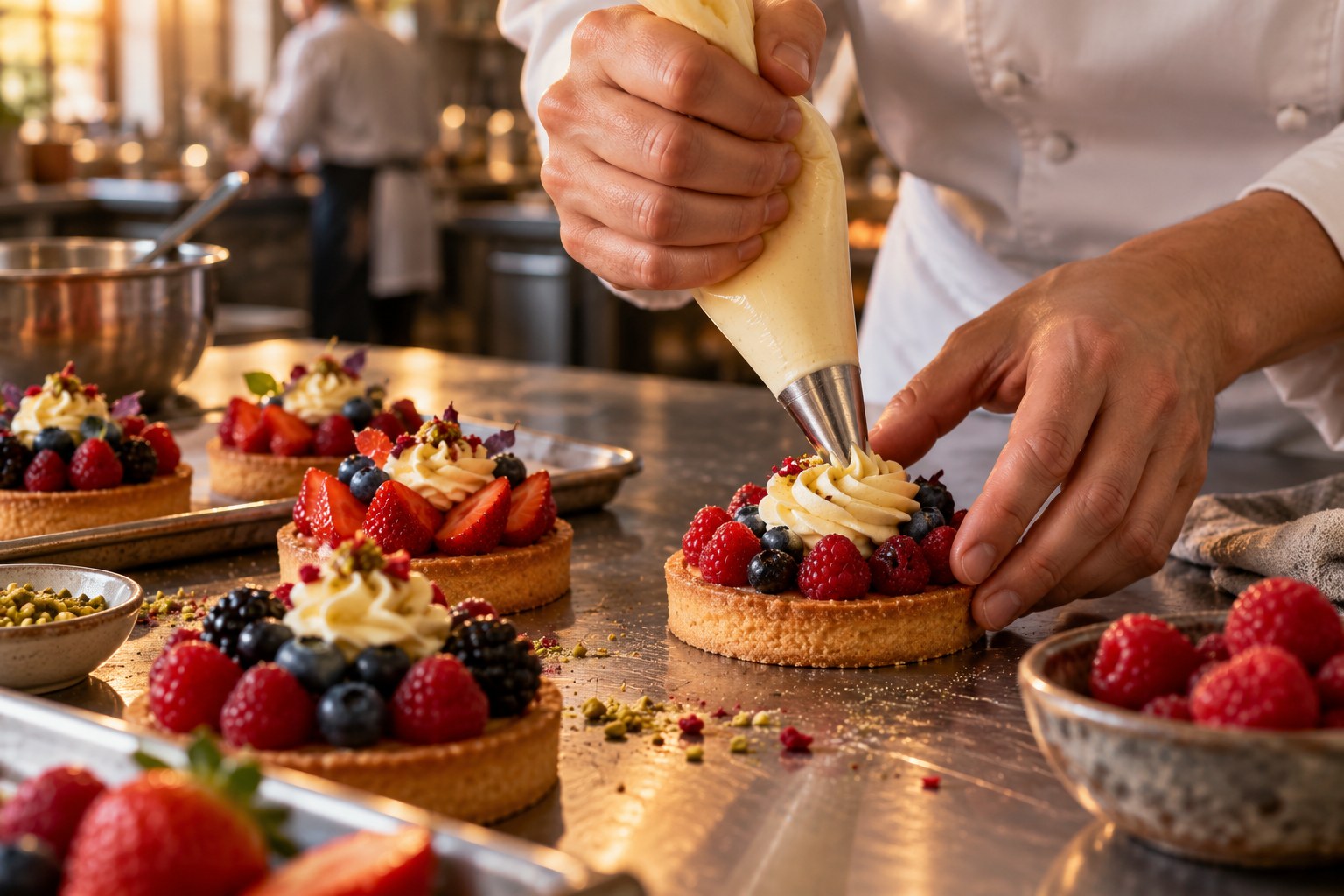 Manos elaborando una tartaleta con crema y frutos rojos